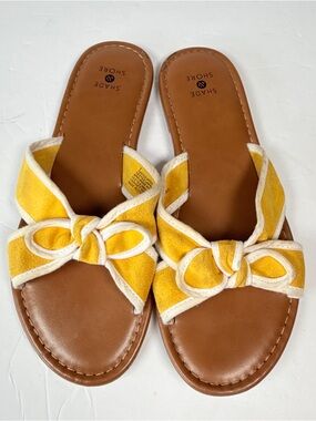 Shade & Shore Yellow Bow Knot Slide Sandals with Tan Footbed